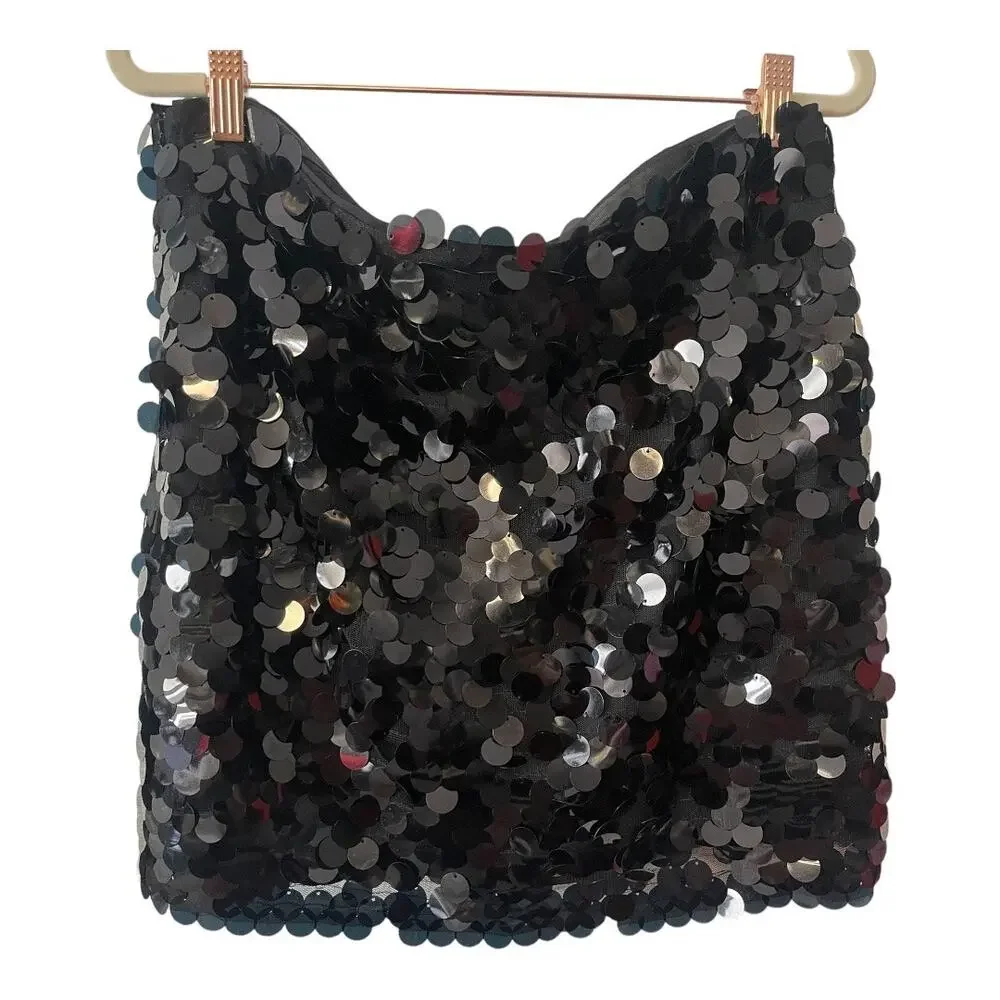 SIMON MILLER Sequin Dizzy Party Mini Skirt Mid Rise Lined Black Size 10 - Picture 9 of 13